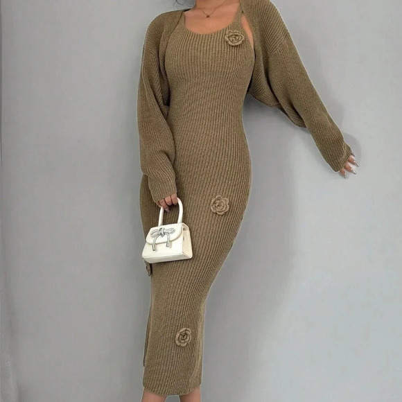 Coffee Brown Casual Women's Floral Camisole Sweater Dress And Cardigan Set - Picture 3 of 6